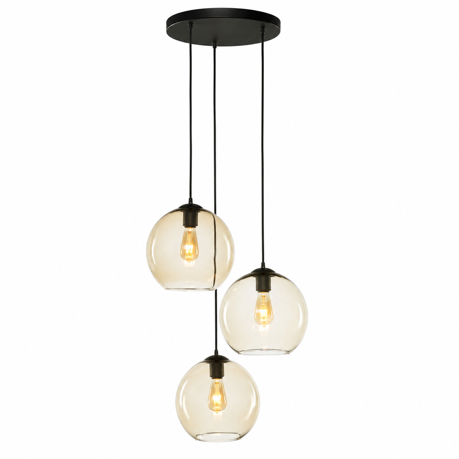 Hängelampe Sigrid 2914Y 3xE27 black front view mit lights turned on showing warm glow through fabric shade, professional product photography on white background by Marcottestyle