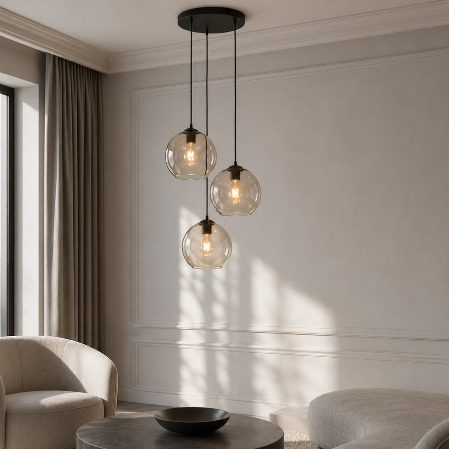 Hängelampe Sigrid 2914Y 3xE27 black pendant lamp styled in modern luxury room mit natural window light and photorealistic interior setting by Marcottestyle
