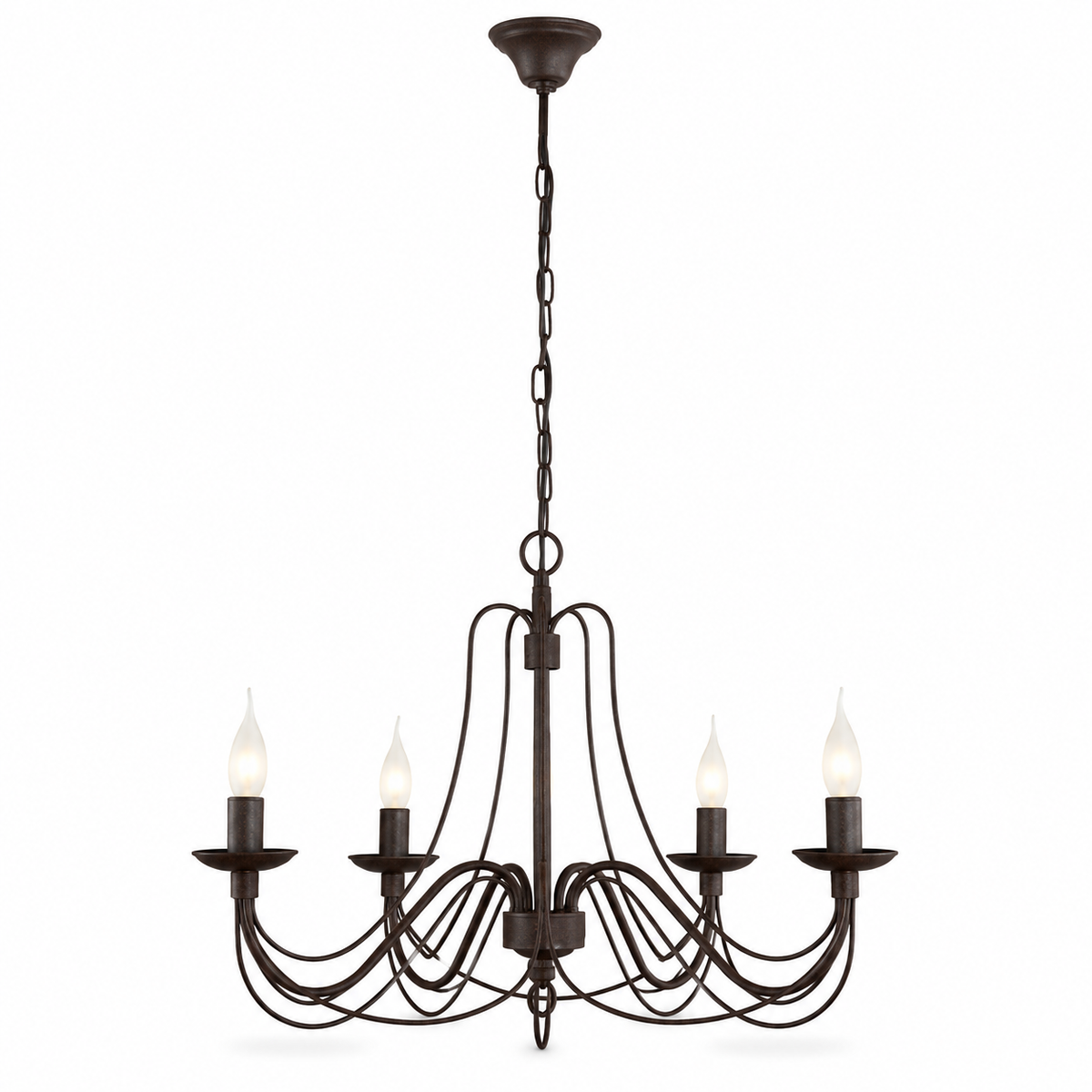 Pendant Light Vega 2379W front view, five-arm rust-finished chandelier with fabric shades on a pure white background, professional studio lighting with soft shadows by Marcottestyle