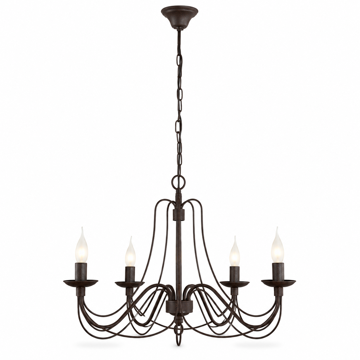 Hängelampe Vega 2379W front view, five-arm rust-finished chandelier mit fabric shades on a pure white background, professional studio lighting mit soft shadows by Marcottestyle