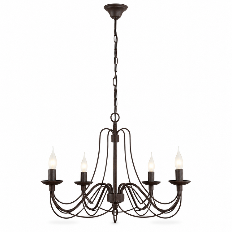 Pendant Light Vega 2379W front view, five-arm rust-finished chandelier with fabric shades on a pure white background, professional studio lighting with soft shadows by Marcottestyle