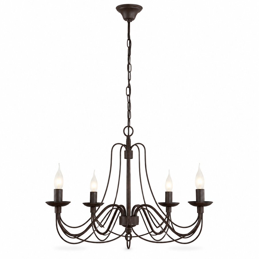 Hängelampe Vega 2379W front view, five-arm rust-finished chandelier mit fabric shades on a pure white background, professional studio lighting mit soft shadows by Marcottestyle