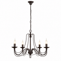 Hängelampe Vega 2379W mit lights turned on, warm glow through fabric shades on five-arm rust chandelier, white background mit subtle depth shadows by Marcottestyle