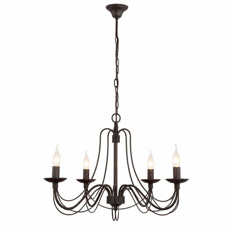 Pendant Light Vega 2379W with lights turned on, warm glow through fabric shades on five-arm rust chandelier, white background with subtle depth shadows by Marcottestyle