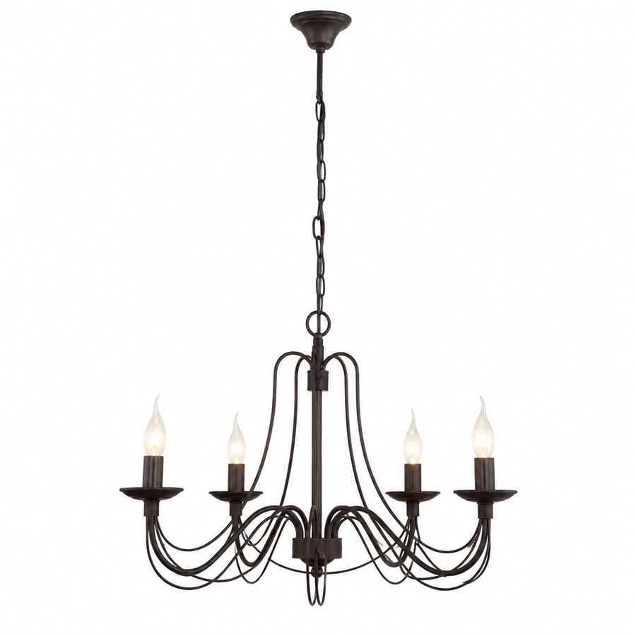 Hängelampe Vega 2379W mit lights turned on, warm glow through fabric shades on five-arm rust chandelier, white background mit subtle depth shadows by Marcottestyle