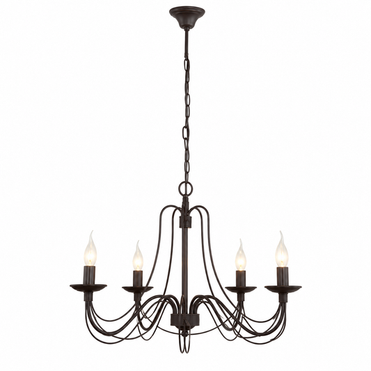 Pendant Light Vega 2379W with lights turned on, warm glow through fabric shades on five-arm rust chandelier, white background with subtle depth shadows by Marcottestyle