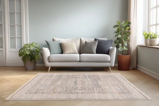 Low-Pile Rug - Zarina Silver / Beige Medallion