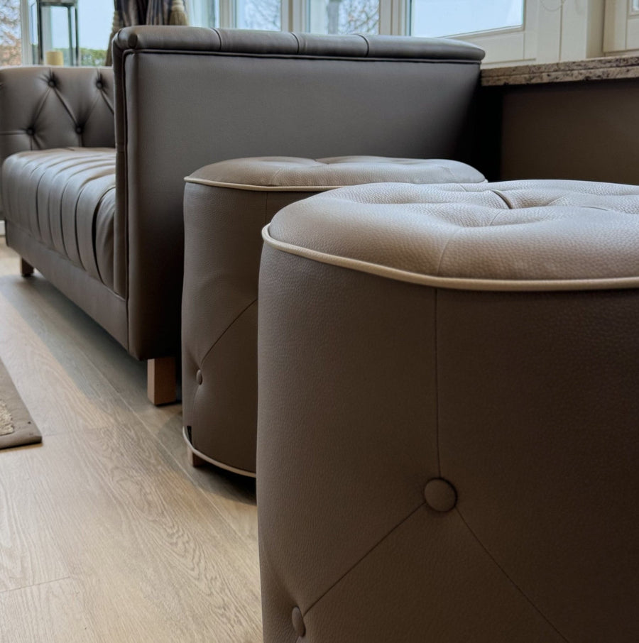 Pouf Cerio - Leather - Brown & White Piping - Marcottestyle Shop