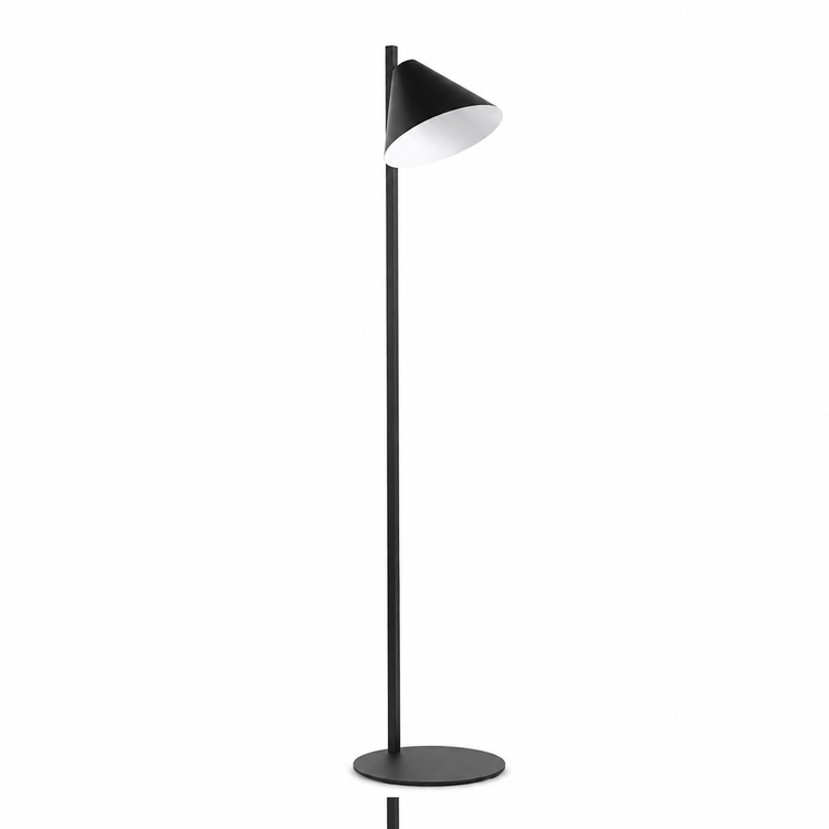 Floor Lamp Quinn 1895N front view on white background with subtle shadow, showcasing the elegant cone-shaped shade and sleek black metal frame by Marcottestyle