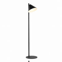 Stehlampe Quinn 1895N mit light turned on showing warm glow through the fabric shade, professional product photography on white background by Marcottestyle