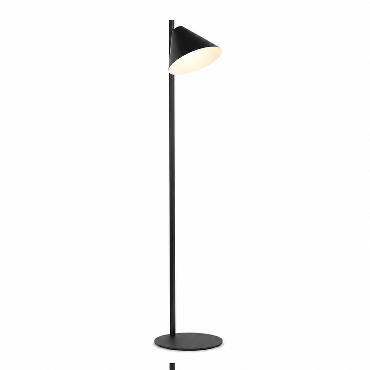 Floor Lamp Quinn 1895N with light turned on showing warm glow through the fabric shade, professional product photography on white background by Marcottestyle