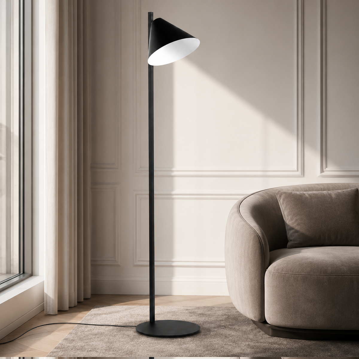 Floor Lamp Quinn 1895N styled in a modern luxury room interior with natural window lighting and velvet carpet, photorealistic setting by Marcottestyle