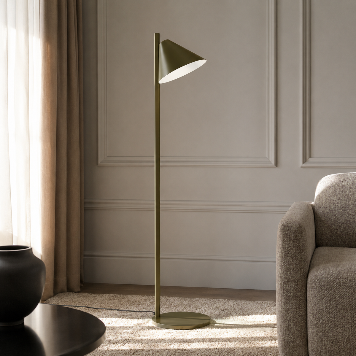 Floor Lamp Quinn 2832O styled in a modern luxury room interior with natural window light and velvet accents, photorealistic setting by Marcottestyle
