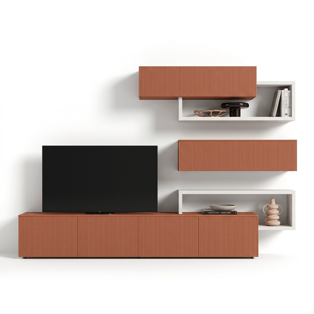 Rosavento Luxury Italian TV Wall Unit | Modern Floating Media Console with Ribbed Designer Cabinets