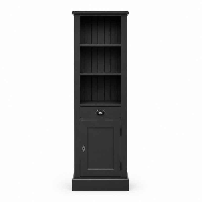 Country-style black solid pine Roscoff bathroom column cabinet with beadboard shelves, front view