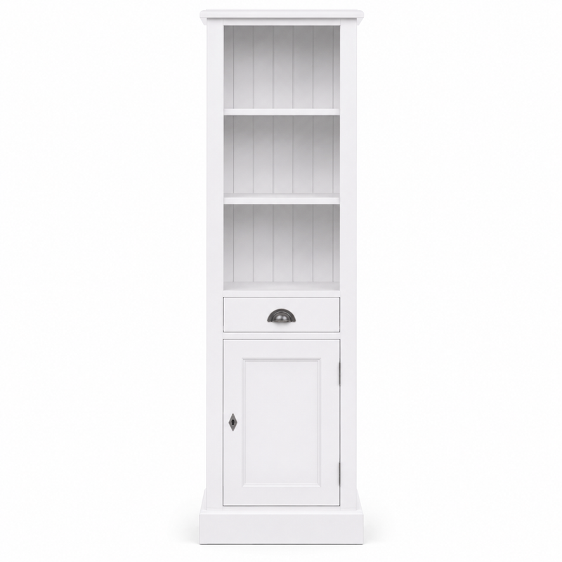 Country white Roscoff bathroom cabinet with open shelves and cup handle, 49 cm wide, front view
