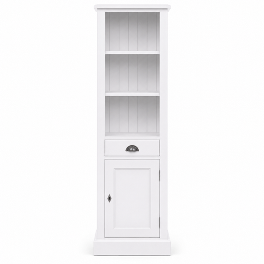 Country white Roscoff bathroom cabinet with open shelves and cup handle, 49 cm wide, front view