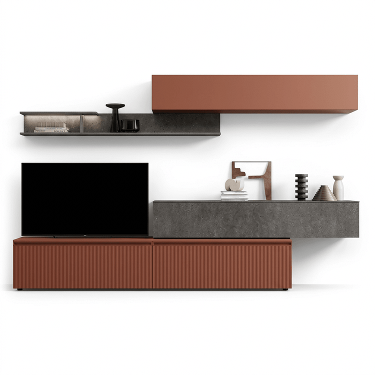 Rugginello Luxury Italian TV Wall Unit | Modern Floating Media Console with Stone Effect Shelf - Marcottestyle Shop | Marcottestyle