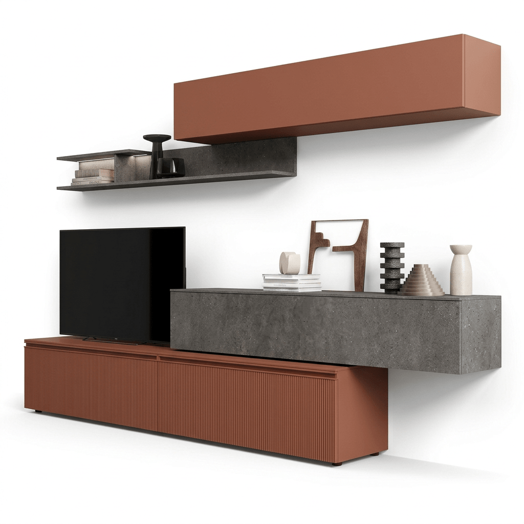 Rugginello Luxury Italian TV Wall Unit | Modern Floating Media Console with Stone Effect Shelf - Marcottestyle Shop | Marcottestyle