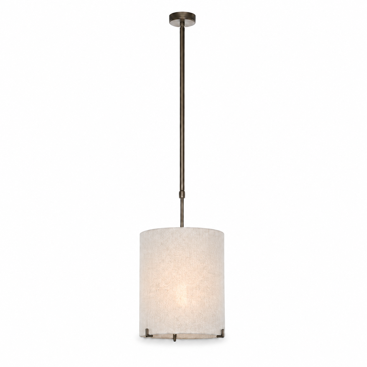 Hängelampe Senja 8419J bronze finish mit bulb softly illuminated warm glow visible through fabric shade front view on pure white background professional product photography by Marcottestyle
