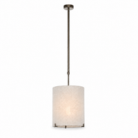 Hängelampe Senja 8419J bronze finish mit bulb softly illuminated warm glow visible through fabric shade front view on pure white background professional product photography by Marcottestyle
