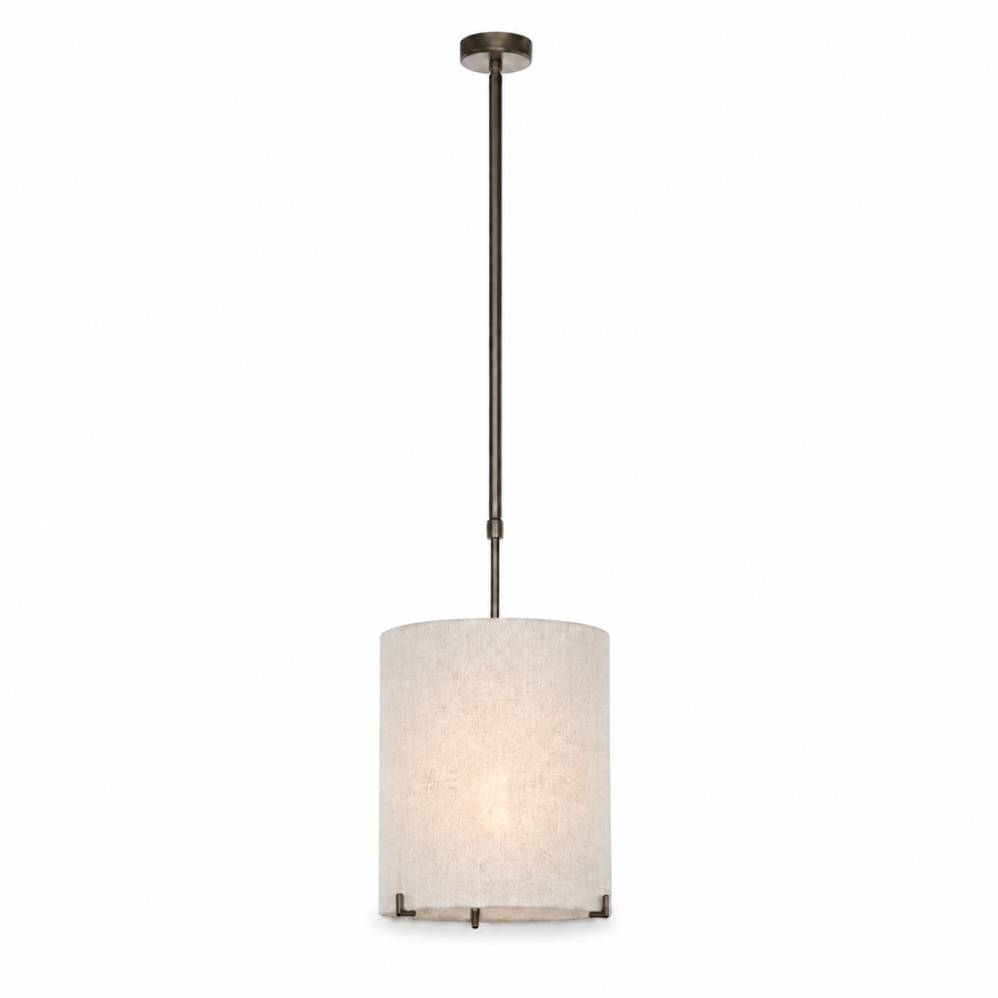 Hängelampe Senja 8419J bronze finish mit bulb softly illuminated warm glow visible through fabric shade front view on pure white background professional product photography by Marcottestyle