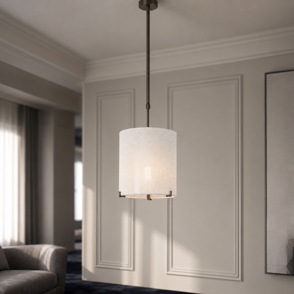 Hängelampe Senja 8419J bronze finish lifestyle shot in modern luxury room mit velvet carpet classic framing natural sunlight reflections photorealistic interior scene by Marcottestyle