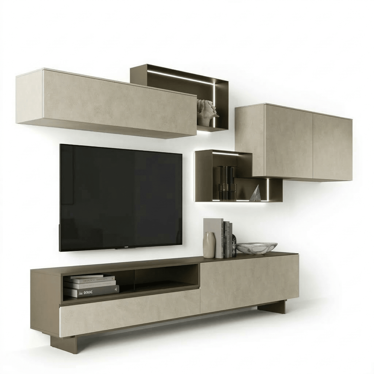 Serantino Luxury Italian TV Wall Unit | Modern Floating Entertainment System with Illuminated Display Niches - Marcottestyle Shop | Marcottestyle