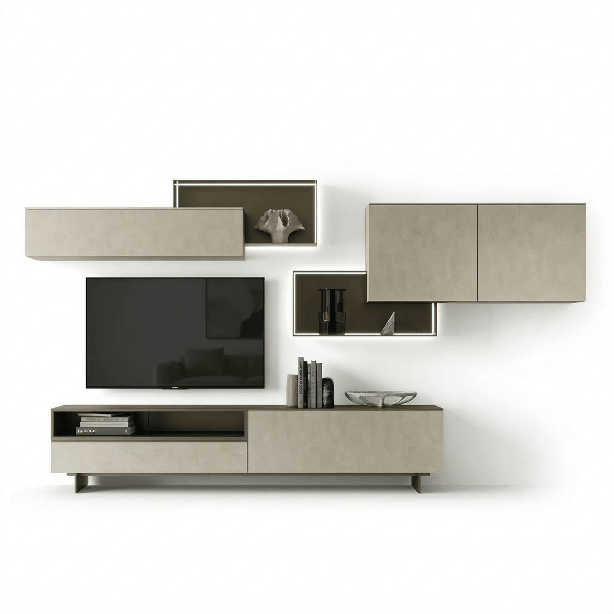 Serantino Luxury Italian TV Wall Unit | Modern Floating Entertainment System with Illuminated Display Niches - Marcottestyle Shop | Marcottestyle