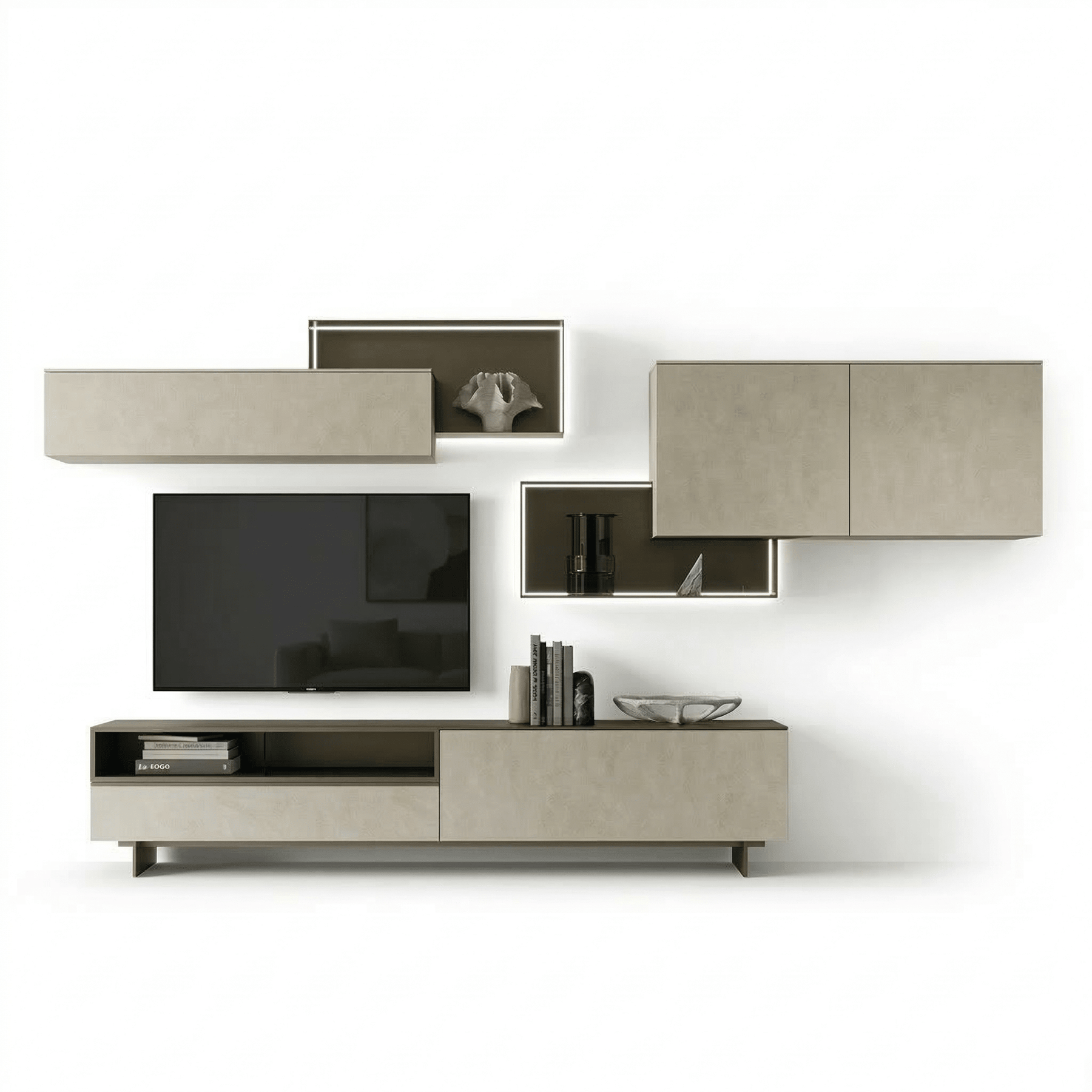 Serantino Luxury Italien TV Étagère murale | Modern Flottant Entertainment System avec Illuminated Display Niches - Marcottestyle Shop