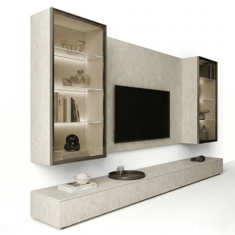 Seravelle Luxury Italian TV Wall Unit | Modern Stone Effect Media Console with Illuminated Display Cabinets - Marcottestyle Shop | Marcottestyle