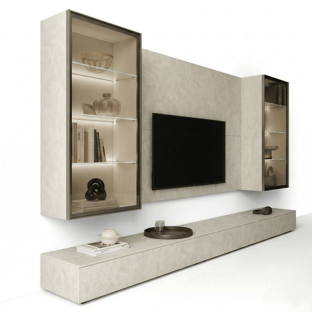 Seravelle Luxury Italian TV Wall Unit | Modern Stone Effect Media Console with Illuminated Display Cabinets - View 2
