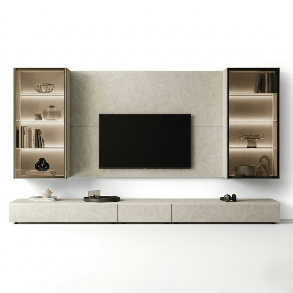 Seravelle Luxury Italian TV Wall Unit | Modern Stone Effect Media Console with Illuminated Display Cabinets