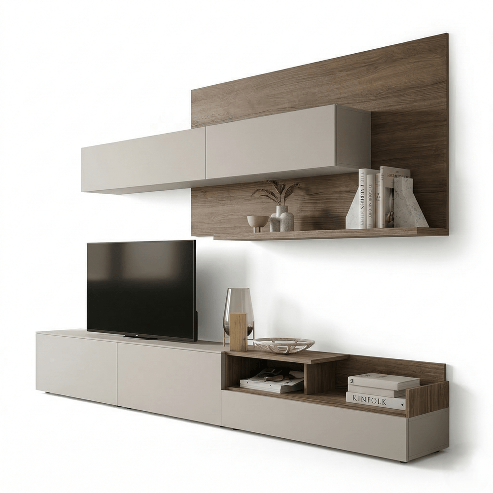 Seravon Modern Italian TV Wall Unit | Floating Media Console with Wood Panel Accent - View 2