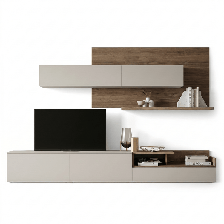 Seravon Modern Italian TV Wall Unit | Floating Media Console with Wood Panel Accent - Marcottestyle Shop | Marcottestyle