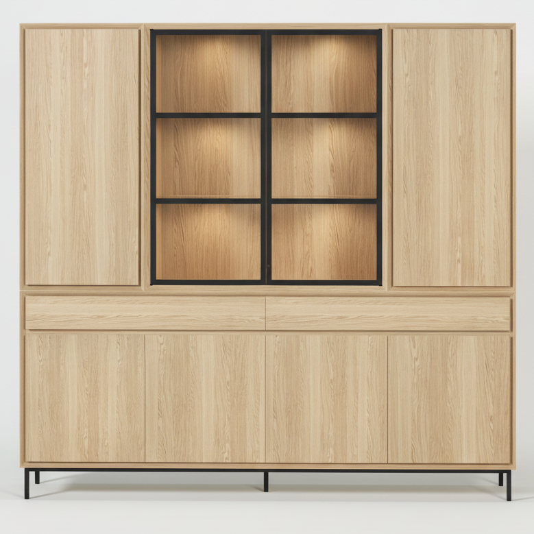 Navarre Large Showcase Cabinet - Solid Natural Oak with Glass Display | Marcottestyle