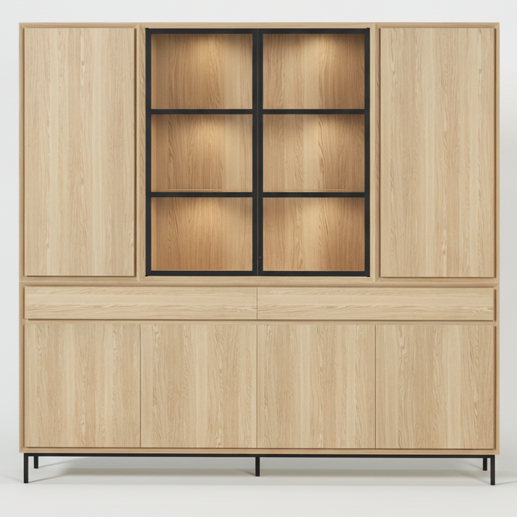 Navarre Large Showcase Cabinet - Solid Natural Oak with Glass Display | Marcottestyle
