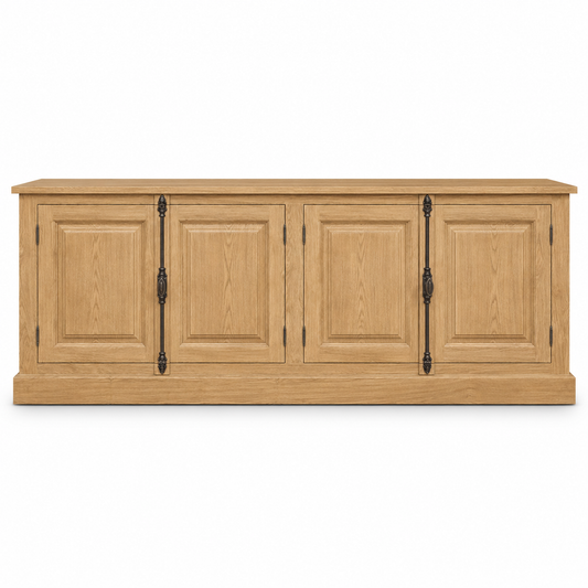 Classic country-style natural oak Chinon four-door sideboard with black cremone handles, 219 cm wide, front view
