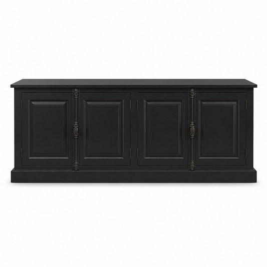 Classic black solid pine Chinon sideboard with four panelled doors and cremone-bolt handles, 219 cm wide, front view