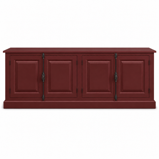 Country-style Bordeaux solid pine Chinon sideboard with black cremone-bolt handles, 219 cm wide, front view