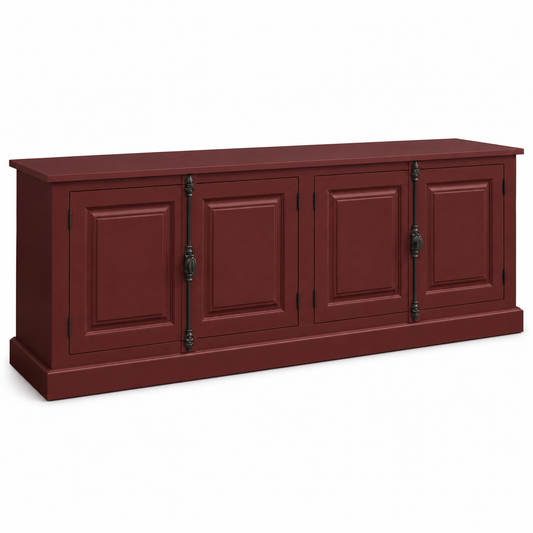 Country-style Bordeaux solid pine Chinon four-door sideboard with cremone-bolt handles, three-quarter view