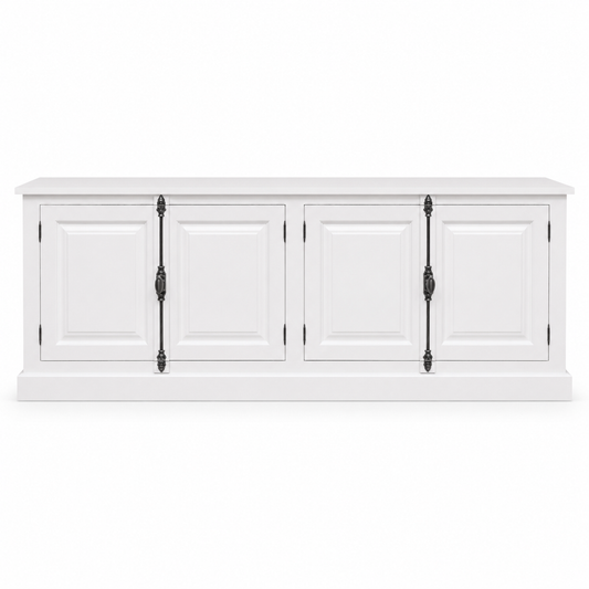 Classic white solid pine Chinon sideboard with four raised-panel doors and black cremone-bolt handles, front view