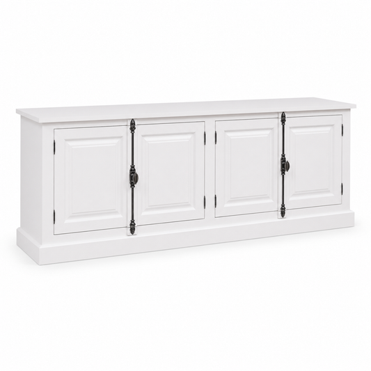 Classic white solid pine Chinon four-door sideboard, 219 cm wide, three-quarter angle view