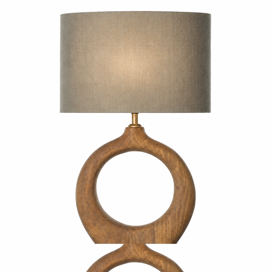 Tischlampe Sigrid 8971G Natur front view mit light turned on showing warm glow through the fabric shade highlighting the natural metal base and subtle illumination by Marcottestyle