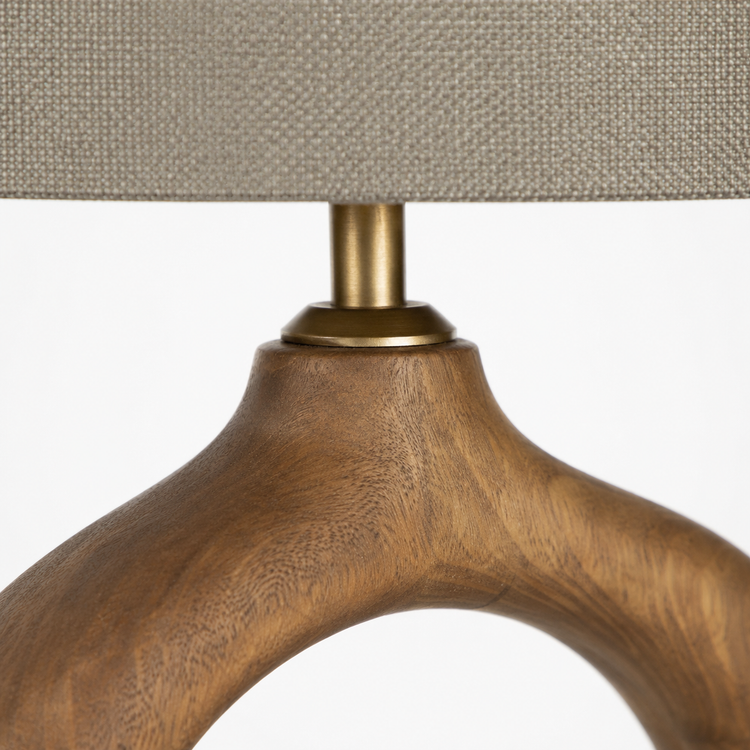 Close-up macro detail shot of Table Lamp Sigrid 8971G Natural showing intricate fabric weave texture and material finish of the ellipse shade at high resolution by Marcottestyle