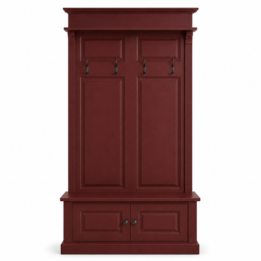 Classic bordeaux solid pine Sologne hallway coat rack, raised panels and hooks, 210 cm, front view