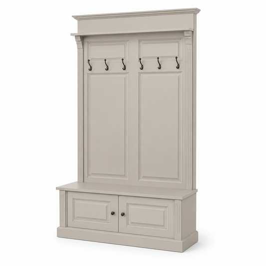 Classic taupe Sologne coat rack, three-quarter view showing panelled sections and proportions