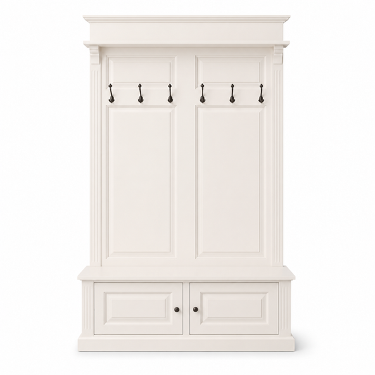 Classic white solid pine Sologne coat rack with black hooks, 140 cm wide, front view