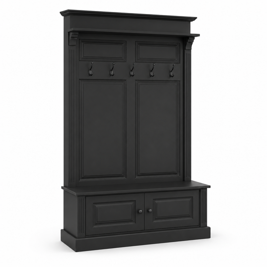 Classic black pine Sologne hallway coat rack with cabinet and hooks, angled three-quarter view