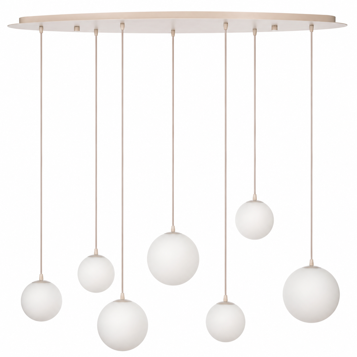 Suspension Stella 2174R in beige glass finish, front view showing seven frosted glass globe shades suspended at varying heights from a slim oval ceiling canopy, professional studio photography on white background by Marcottestyle